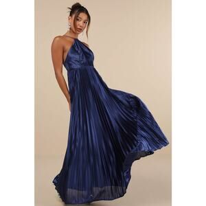 NWT Lulus Elaborate Charm Navy Blue Satin Pleated Backless Maxi Dress Gala Sz XL